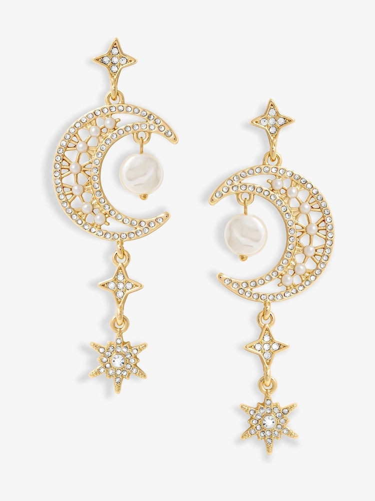 Mood Gold Tone Crystal And Pearl Moon Charm Drop Earrings - Image 1 of 3