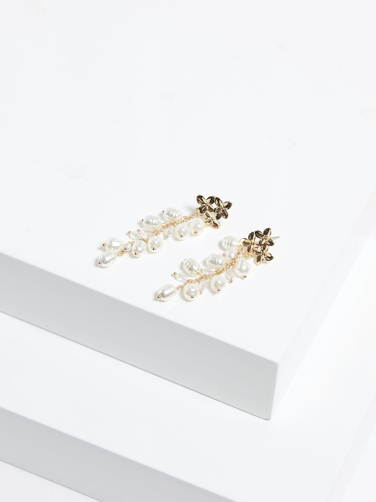 Mood Gold Tone Triple Flower Pearl Cluster Drop Earrings - Image 2 of 4