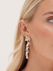 Mood Gold Tone Triple Flower Pearl Cluster Drop Earrings - Image 3 of 4