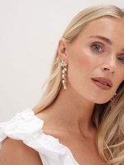 Mood Gold Tone Triple Flower Pearl Cluster Drop Earrings - Image 4 of 4