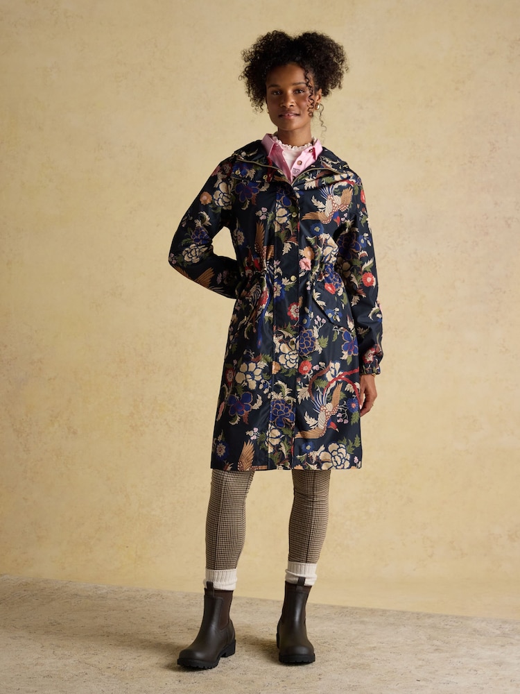 Joules Holkham Navy Bird Floral Waterproof Packable Raincoat With Hood - Image 1 of 14
