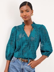 Lipsy Teal Blue Burnout 3/4 Sleeve Blouse - Image 1 of 5