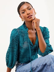 Lipsy Teal Blue Burnout 3/4 Sleeve Blouse - Image 2 of 5