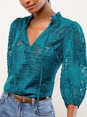 Lipsy Teal Blue Burnout 3/4 Sleeve Blouse - Image 4 of 5