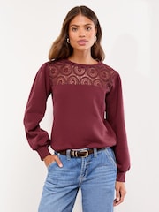 Lipsy Burgundy Crochet Crew Neck Sweatshirt - Image 1 of 4