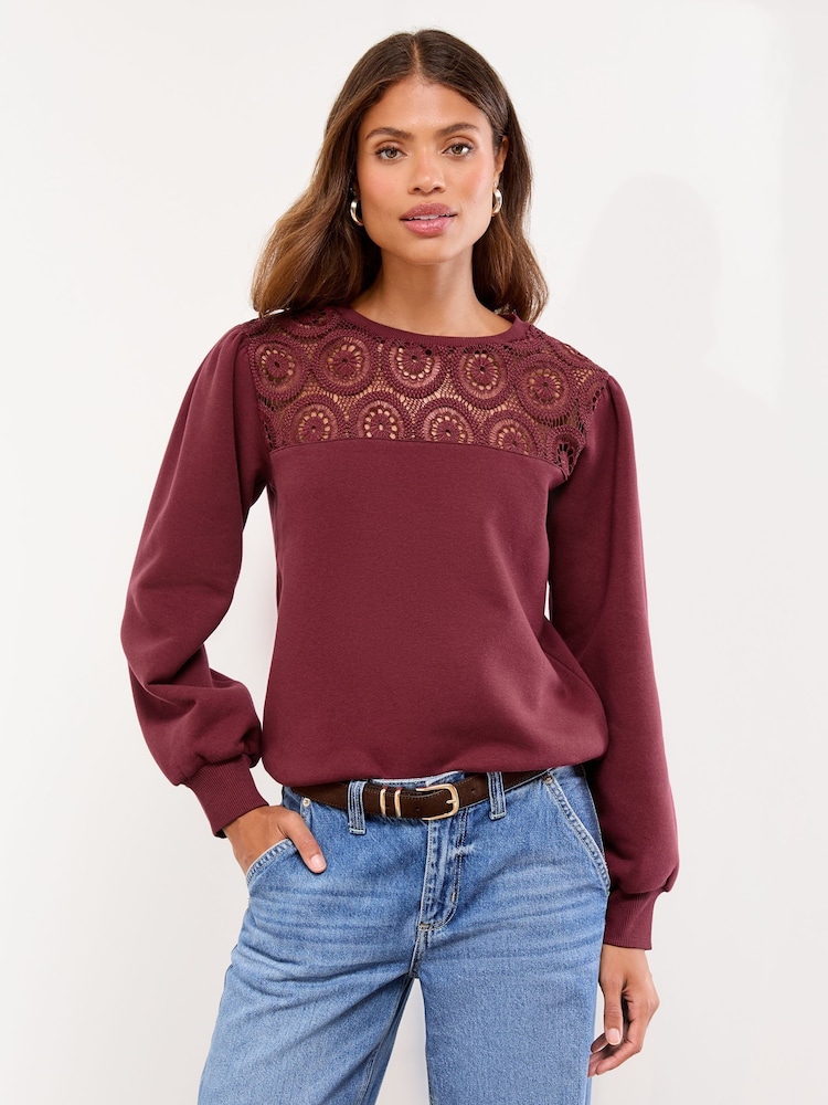 Lipsy Burgundy Crochet Crew Neck Sweatshirt - Image 1 of 4