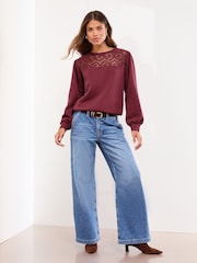 Lipsy Burgundy Crochet Crew Neck Sweatshirt - Image 2 of 4