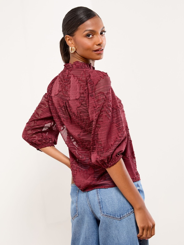 أحمر عنابي - Lipsy Burnout 3/4 Sleeve Blouse - صورة 4 من 4