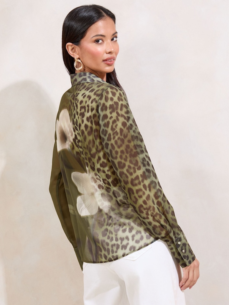Lipsy Khaki Animal Print Chiffon Printed Shirt - Image 4 of 4 Lipsy Khaki Animal Print Chiffon Printed Shirt - Image 4 of 4