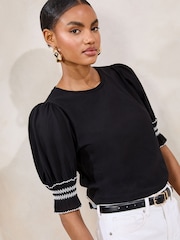 Lipsy Black 100% Cotton Trim Detail Short Sleeve Puff Top - Image 1 of 4