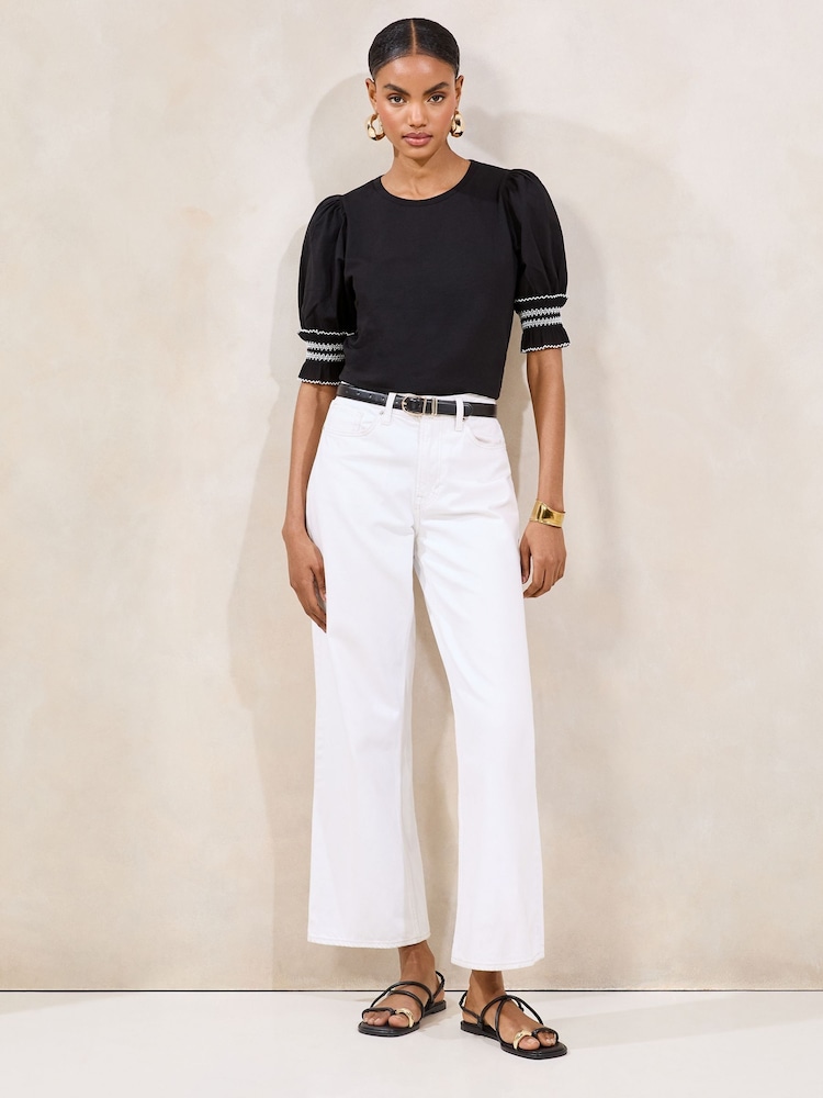 Lipsy Black 100% Cotton Trim Detail Short Sleeve Puff Top - Image 2 of 4