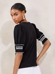 Lipsy Black 100% Cotton Trim Detail Short Sleeve Puff Top - Image 4 of 4