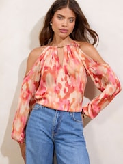 Naranja - Lipsy Printed Satin Cold Shoulder Top - Imagen 1 de 5