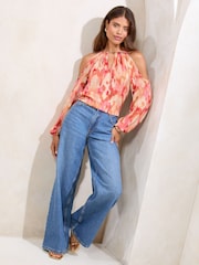 Naranja - Lipsy Printed Satin Cold Shoulder Top - Imagen 3 de 5