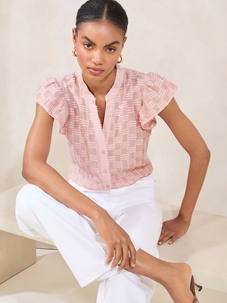 Lipsy Pink Ruffle Sleeve Button Up Burnout Detail Shirt - Image 2 of 4 Lipsy Pink Ruffle Sleeve Button Up Burnout Detail Shirt - Image 2 of 4