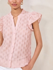 Lipsy Pink Ruffle Sleeve Button Up Burnout Detail Shirt - Image 3 of 4
