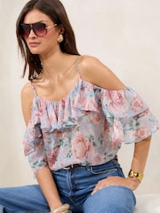 Lipsy Blue Printed Bardot Top - Image 1 of 4