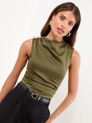 Lipsy Khaki Green Button Drape Detail Sleeveless Top - Image 1 of 5