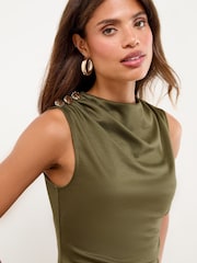 Lipsy Khaki Green Button Drape Detail Sleeveless Top - Image 3 of 5