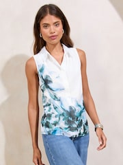Sleeveless Printed Blue Chiffon Shirt - Image 1 of 4