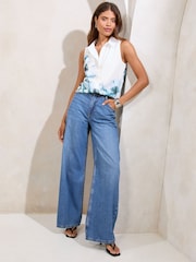 Sleeveless Printed Blue Chiffon Shirt - Image 3 of 4