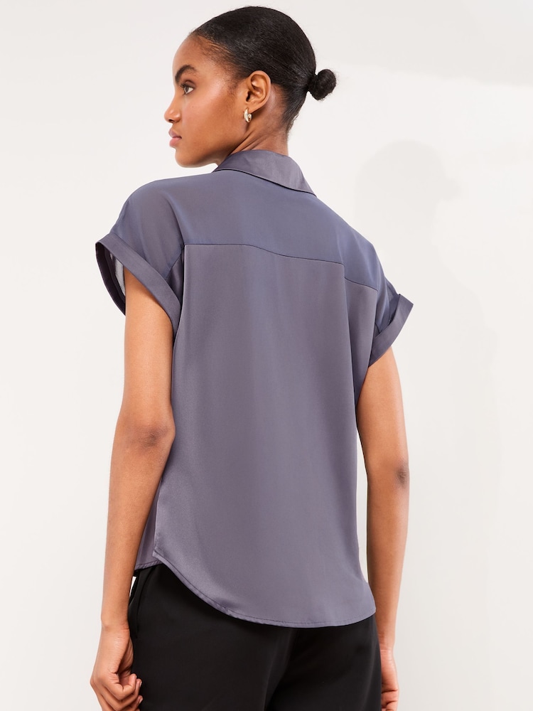 Lipsy Blue Short Sleeve Satin Chiffon Mix Shirt - Image 4 of 4 Lipsy Blue Short Sleeve Satin Chiffon Mix Shirt - Image 4 of 4