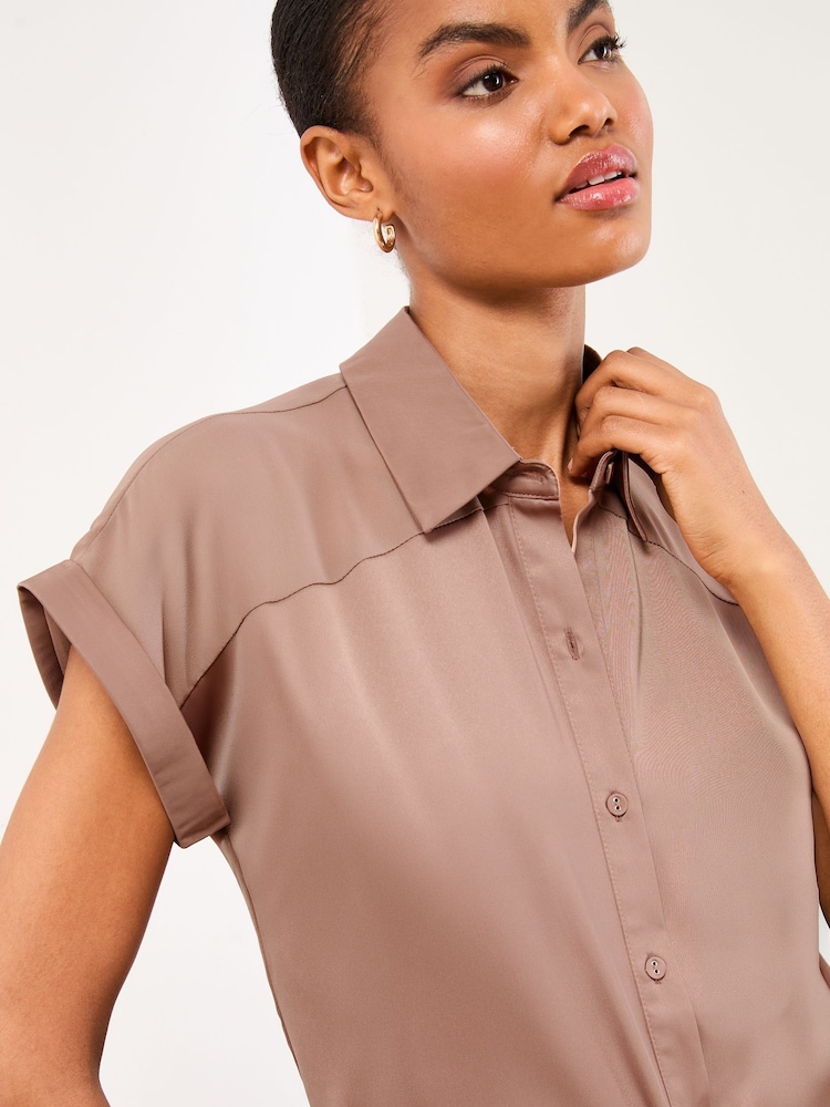 Lipsy Light Pink Short Sleeve Satin Chiffon Mix Shirt - Image 2 of 4 Lipsy Light Pink Short Sleeve Satin Chiffon Mix Shirt - Image 2 of 4