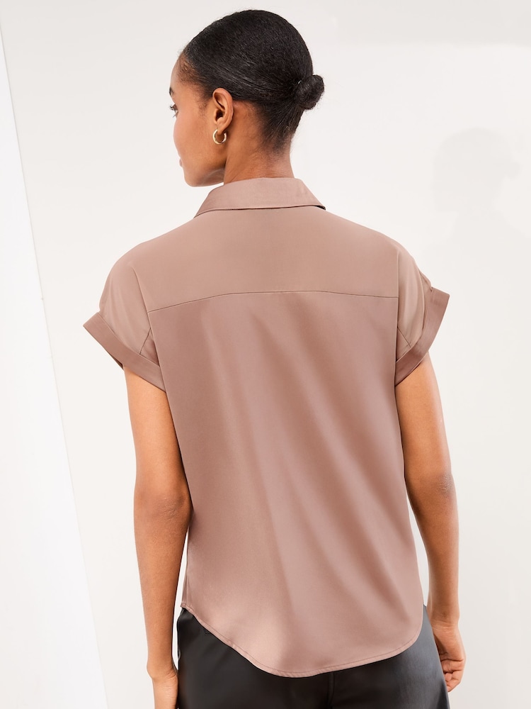 Lipsy Light Pink Short Sleeve Satin Chiffon Mix Shirt - Image 4 of 4 Lipsy Light Pink Short Sleeve Satin Chiffon Mix Shirt - Image 4 of 4