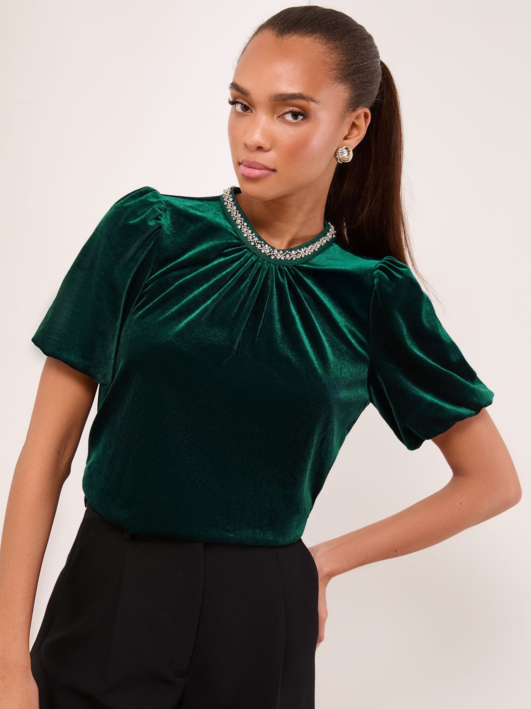 Buy Lipsy Green Velvet Embellished Trim Puff Sleeve T-Shirt from