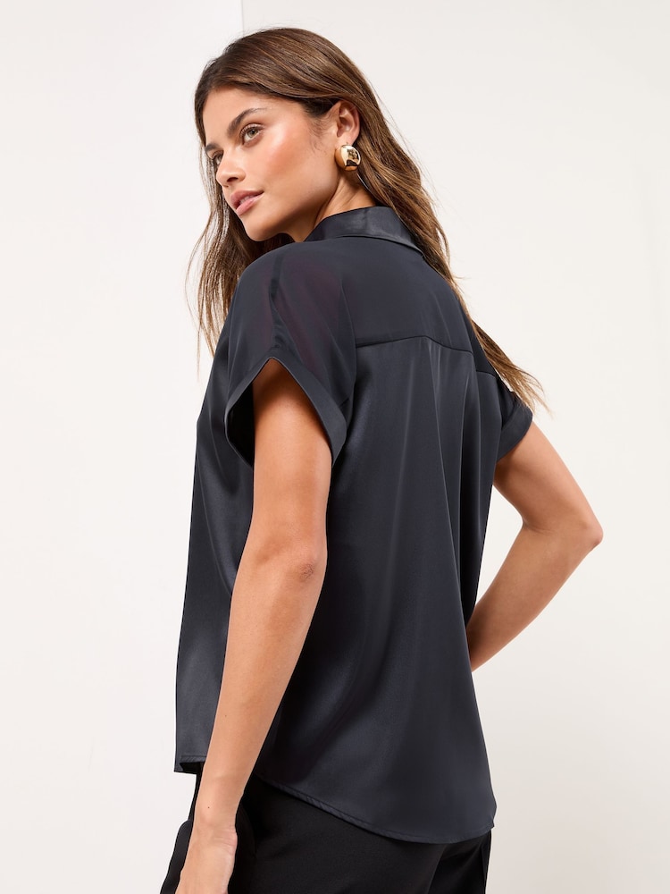 Lipsy Navy Short Sleeve Satin Chiffon Mix Shirt - Image 4 of 4 Lipsy Navy Short Sleeve Satin Chiffon Mix Shirt - Image 4 of 4