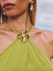 Lipsy Green Satin Halter Flower Trim Top - Image 2 of 5