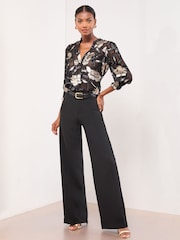 Lipsy Black Floral Burnout Print Grandad Collar Shirt - Image 3 of 4