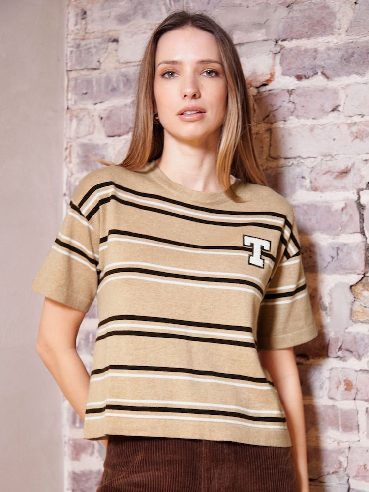 Threadbare Natural Striped Knitted Varsity 100% Cotton T-Shirt - Image 1 of 4