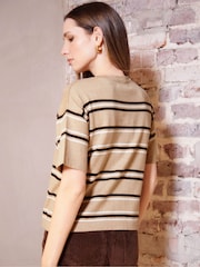 Threadbare Natural Striped Knitted Varsity 100% Cotton T-Shirt - Image 2 of 4