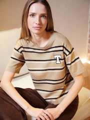 Threadbare Natural Striped Knitted Varsity 100% Cotton T-Shirt - Image 3 of 4
