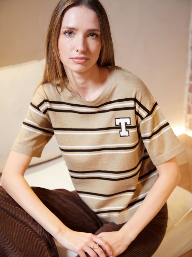 Threadbare Natural Striped Knitted Varsity 100% Cotton T-Shirt - Image 3 of 4