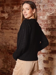 Threadbare Black Button Up Pointelle Knit Cardigan - Image 2 of 5