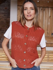 Threadbare Orange Button Up Pointelle Knit Vest - Image 1 of 5