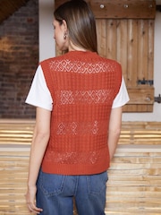 Threadbare Orange Button Up Pointelle Knit Vest - Image 2 of 5