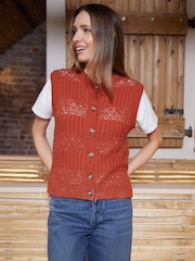 Threadbare Orange Button Up Pointelle Knit Vest - Image 4 of 5