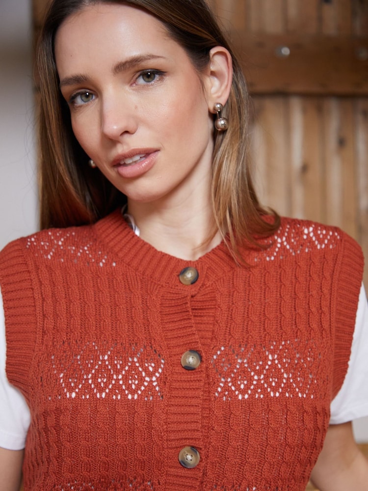 Threadbare Orange Button Up Pointelle Knit Vest - Image 5 of 5