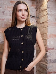 Threadbare Black Button Up Pointelle Knit Vest - Image 1 of 5