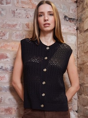 Threadbare Black Button Up Pointelle Knit Vest - Image 2 of 5