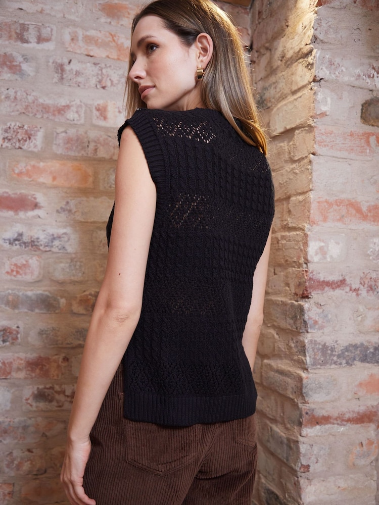 Threadbare Black Button Up Pointelle Knit Vest - Image 3 of 5