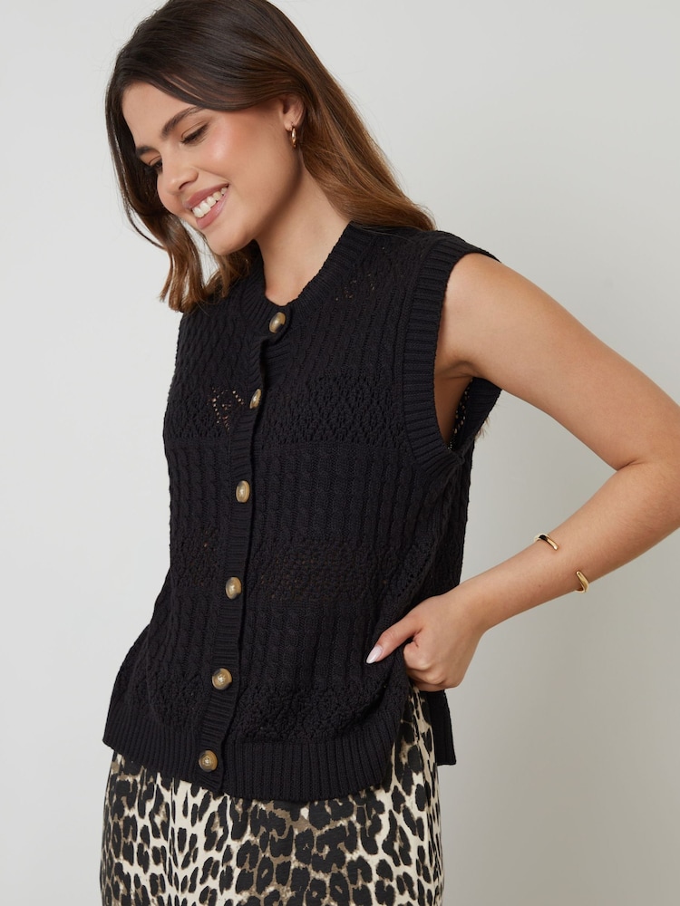 Threadbare Black Button Up Pointelle Knit Vest - Image 4 of 4 Threadbare Black Button Up Pointelle Knit Vest - Image 4 of 4