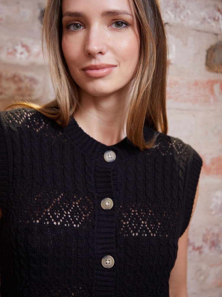 Threadbare Black Button Up Pointelle Knit Vest - Image 5 of 5