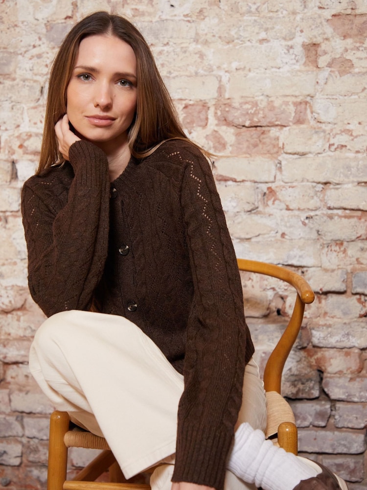 Threadbare Brown Button Up Pointelle Knit Cardigan - Image 2 of 5