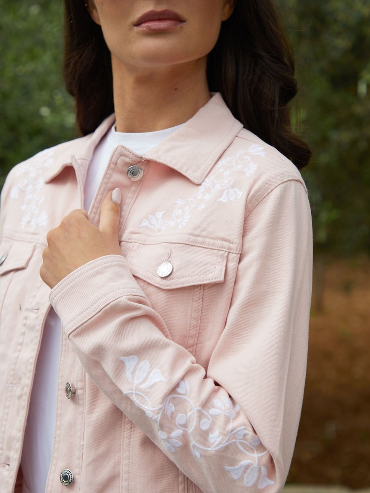 Threadbare Pink Embroidered Stretch Denim Jacket - Image 2 of 5