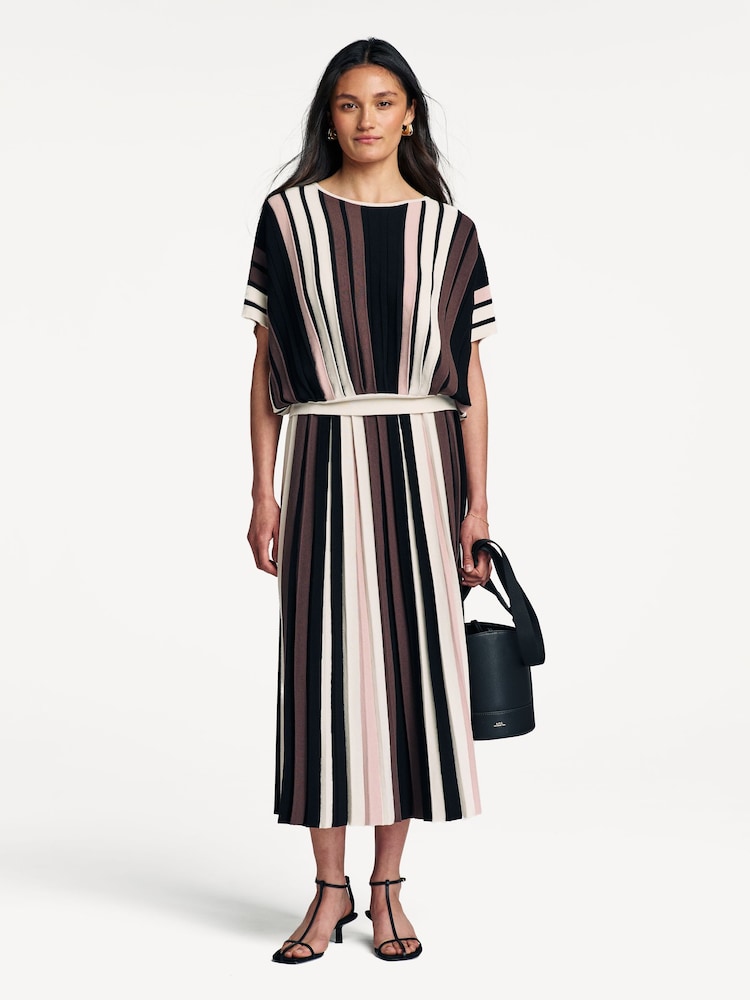 Weekend MaxMara Black Pleiadi Striped Pleated Midi Skirt - Image 2 of 6