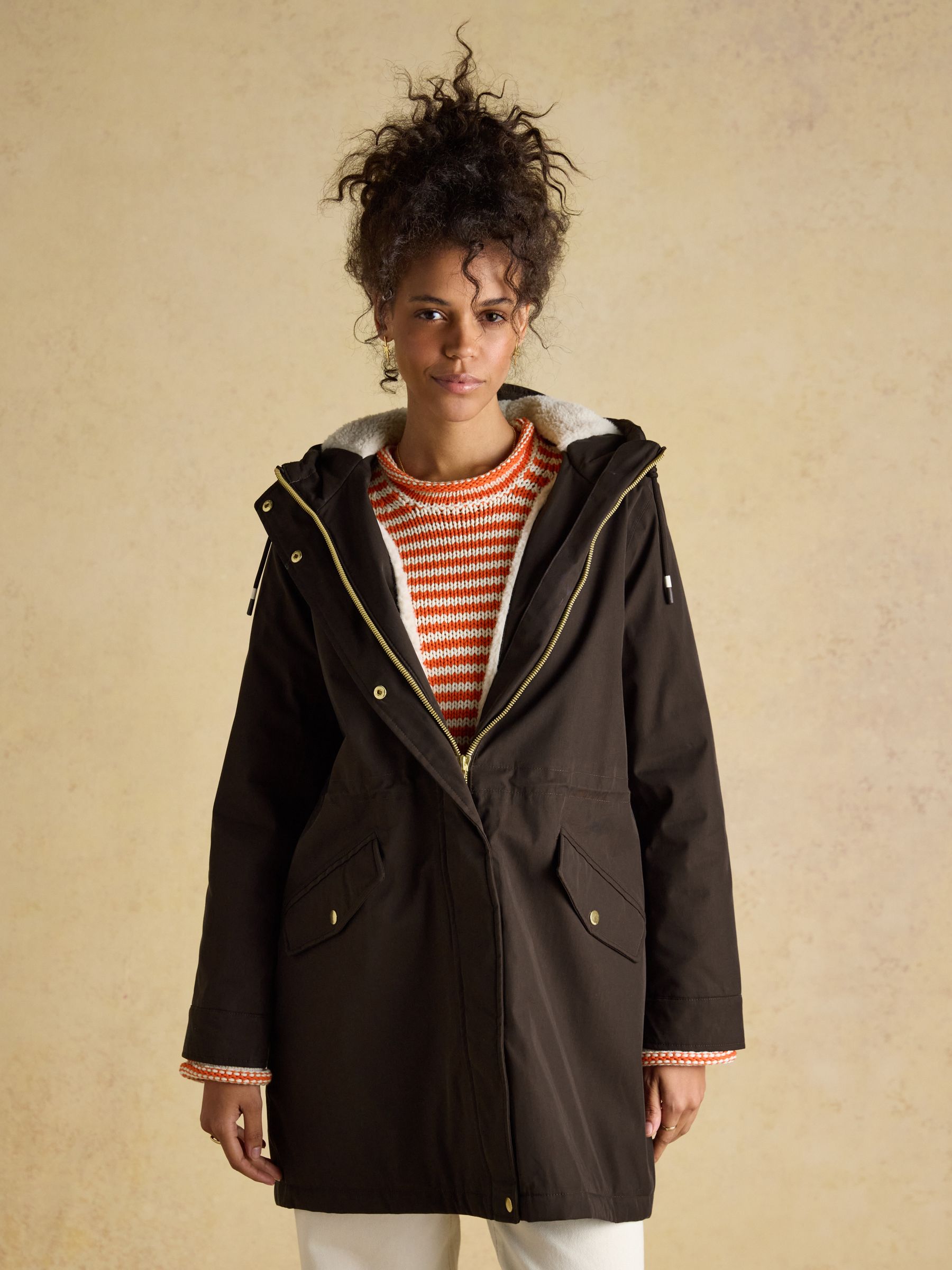 Joules Brown Portwell Cosy Fleece Lined Waterproof Raincoat With Hood - Image 1